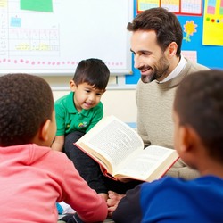 a class in key stage 1 listen to a male teacher reading alound-3
