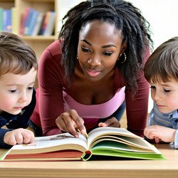 a group pupils 7 years old are predicting a book by looking on the front page of a book together with the teacher